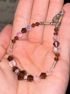 💜3/$12✨ Fairy Aurora Borealis Pink Crystal Bracelet Brown Silver Ethereal